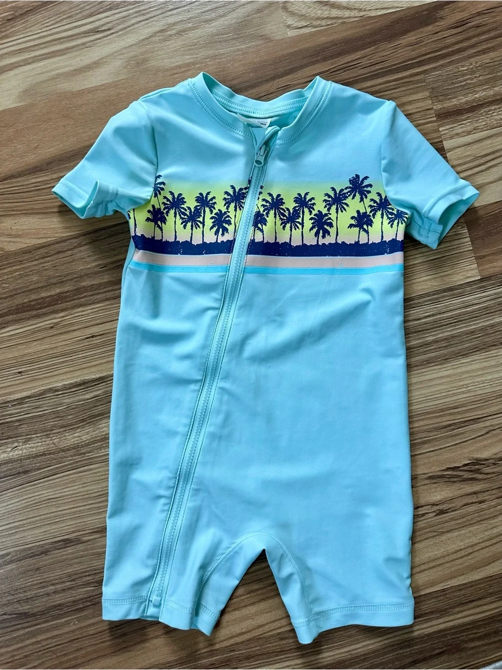 OshKosh B'gosh Light Blue Palm-Print Zip Short-Sleeve Swim Rashguard 18 months